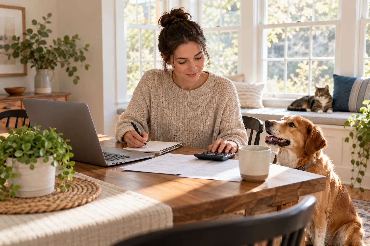 Owner with calculator and paper at table; dog beside table and cat in background